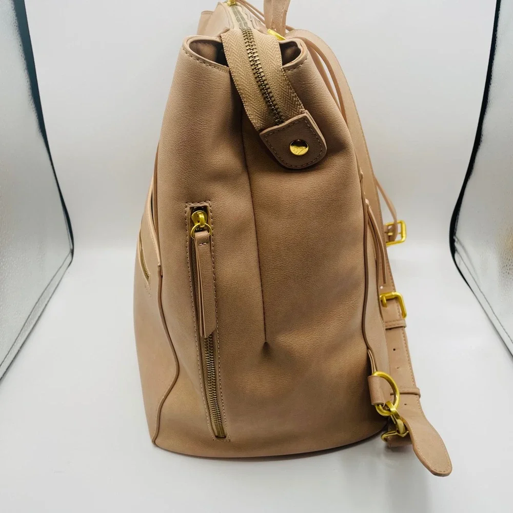FAWN Square Backpack Diaper Bag Tan Faux Leather Gold Tone Hardware